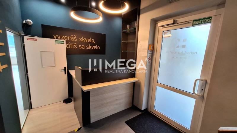 Reception with a counter and designer lights in the office.