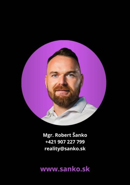 Contact the real estate agent on a purple background with the website www.sanko.sk.