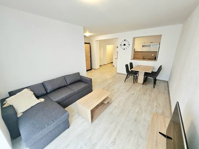 Living room with a sofa, dining table, and television in a 2-room apartment.