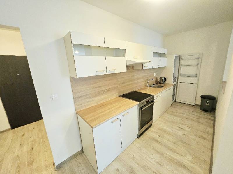 The kitchen in a 2-room apartment with a cooktop and light cabinets.