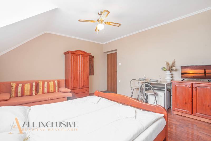 A room in hotels and guesthouses with wooden furniture, a television, and a sofa.
