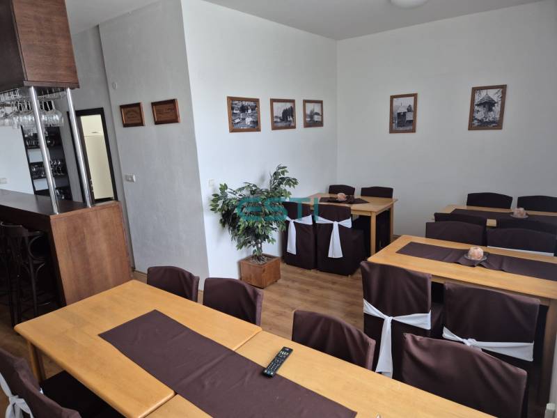 Interior with wooden tables, chairs, and decorations in a studio apartment.