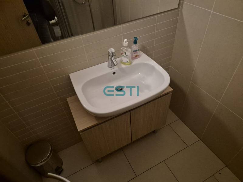 Bathroom with a sink and cabinet in a studio apartment, a trash can is also visible.
