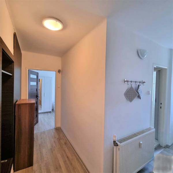 A hallway in a 2-room apartment with a wooden floor and white walls.