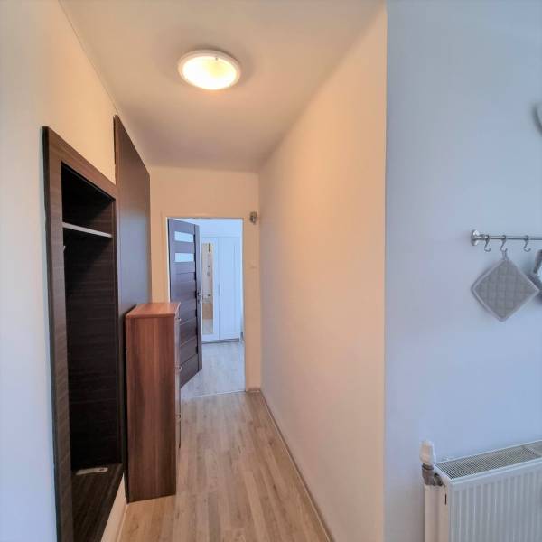 A hallway in a 2-room apartment with wooden flooring and hanging coat racks.