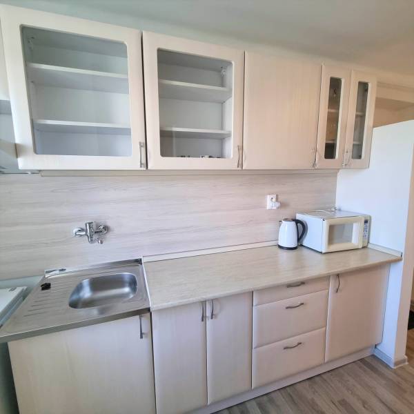 A kitchen unit with a microwave in a 2-room apartment, wooden cabinets with glass doors.