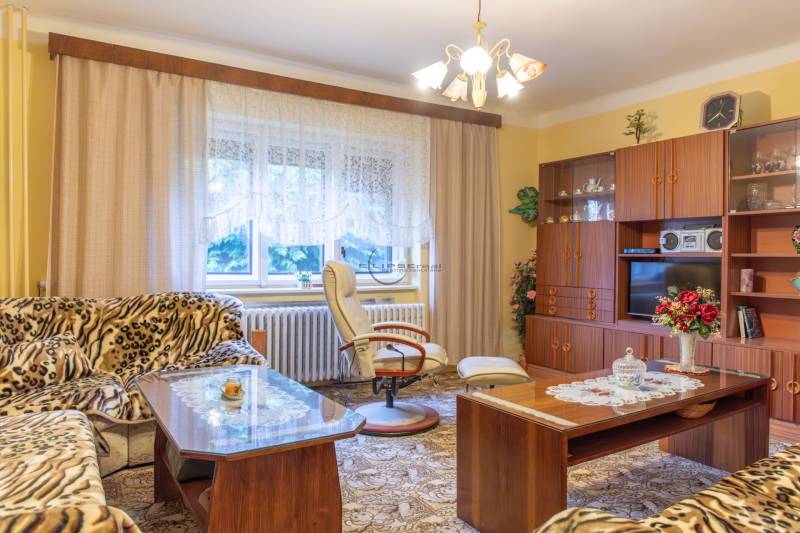 Living room in a family house with patterned upholstery and wooden furniture.
