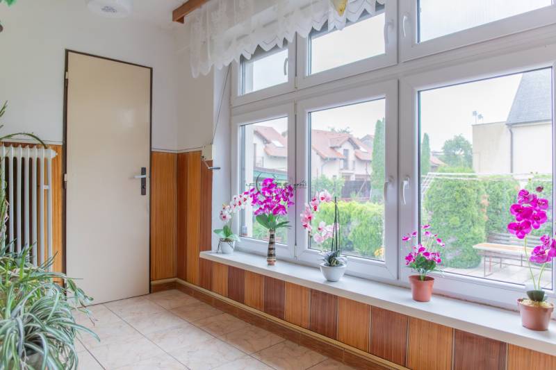 A room in a family house with large windows and flowers on the windowsill.