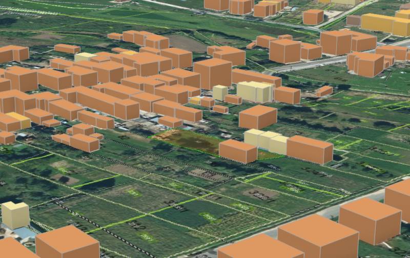 Map of house construction in Štrkovec with 3D building models on a satellite background.