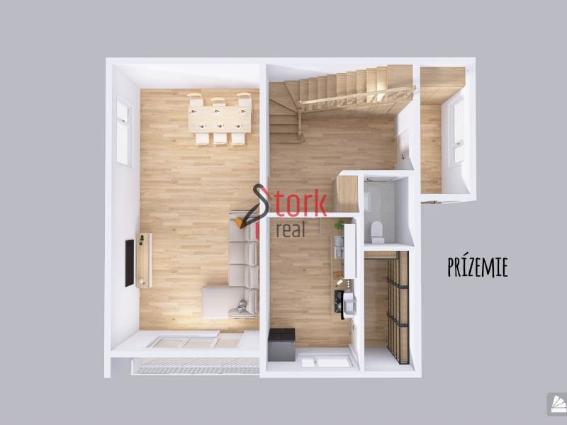 Ground floor plan of a family house with a staircase, kitchen, and living room.
