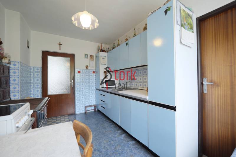 A kitchen in a family house with blue cabinets and ceramic tiles.