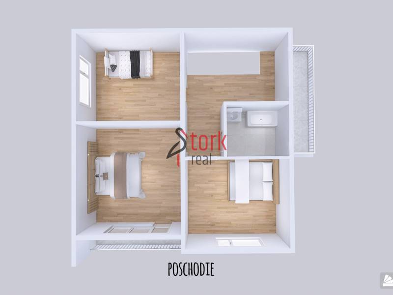The floor of the family house consists of three rooms and a bathroom.