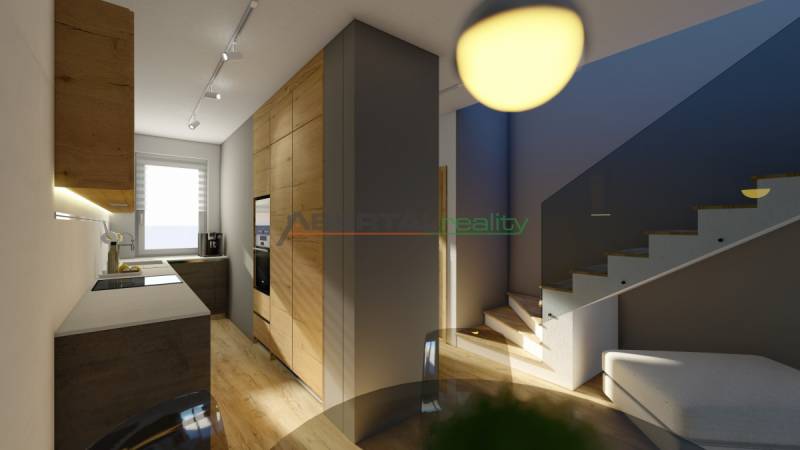 A kitchen in a 4-room apartment with wooden furniture, a staircase, and modern equipment.