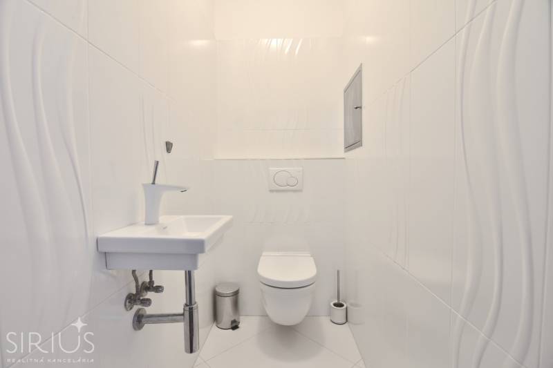 A toilet with a wall-mounted WC and a sink in a 4-room apartment.