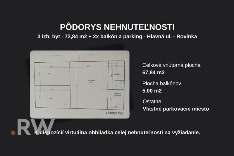 Floor plan of a 3-room apartment with balconies and parking, total area 72.84 m².