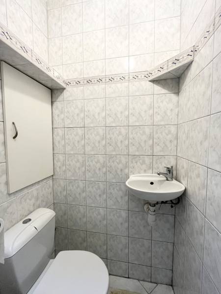 Bathroom with a toilet and a small sink in a 2-room apartment.
