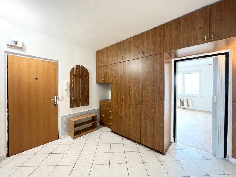 Entrance hall of a 2-room apartment with a large wardrobe and tiles.