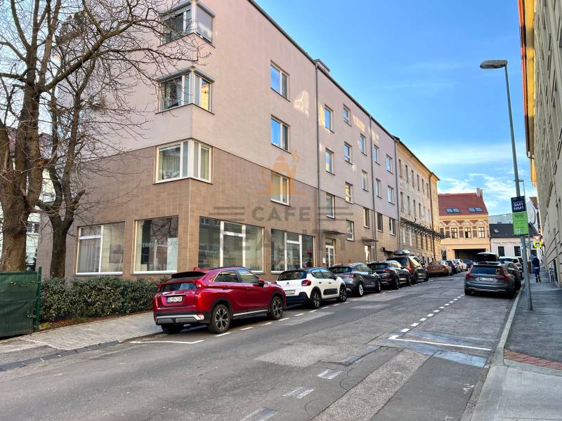 A street with cars, buildings, trees, in the background a blue sky and parked garages.