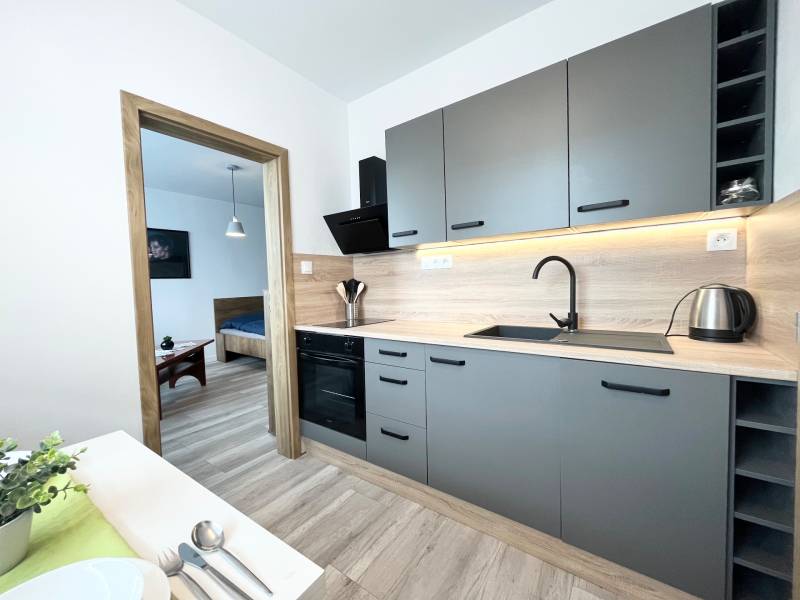 A kitchen in a studio apartment with wooden elements, an entrance to the bedroom, and modern equipment.