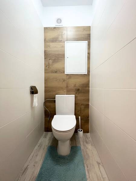 A bathroom with wooden paneling, beige walls, a turquoise rug in a studio apartment.