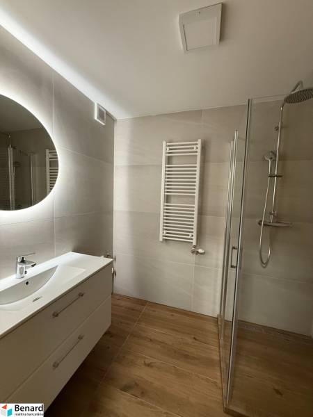 Bathroom in a 2-room apartment with a sink, mirror, and shower on a wooden floor.