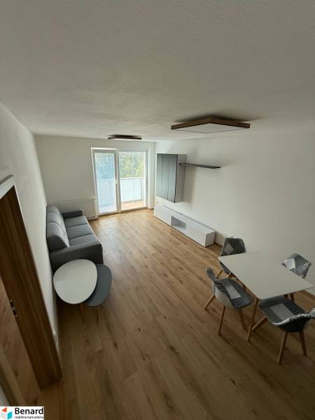 Living room of a two-room apartment with a sofa, a coffee table, and a dining table with chairs.