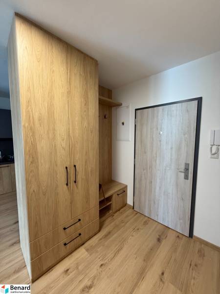 Hallway with wooden cabinets and doors in a 2-room apartment.