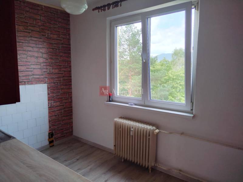 A room with a view from the window and a brick motif in a 2-room apartment.