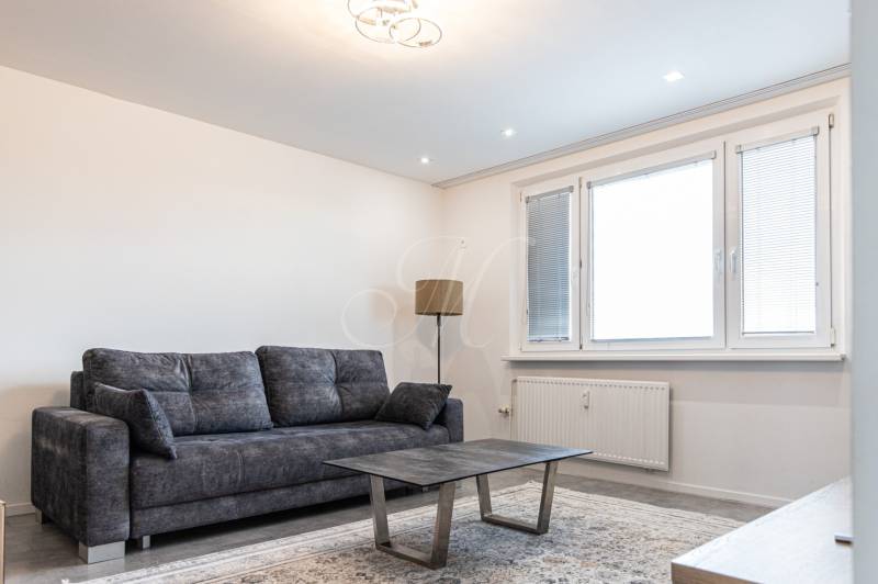 Living room with a dark sofa, coffee table, and floor lamp in a three-room apartment.