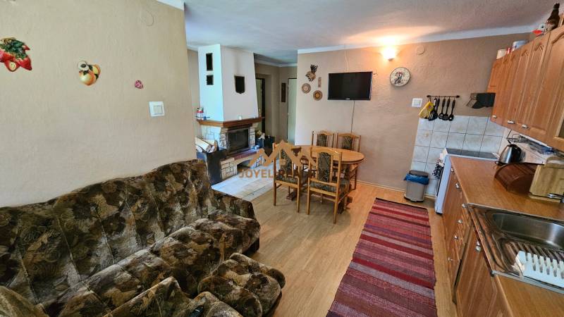 Living room in a family house with a fireplace, kitchenette, and dining table.