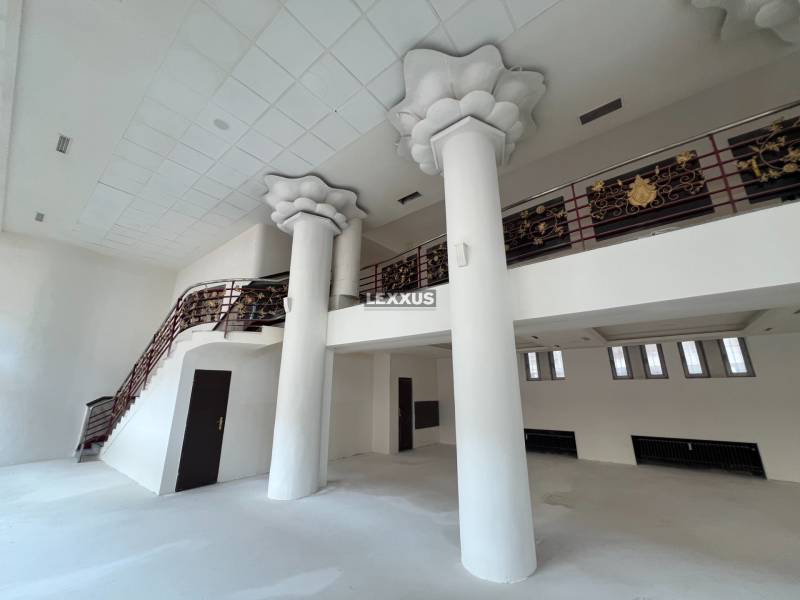 Interior of commercial premises with a staircase, white walls, and decorative ceiling columns.