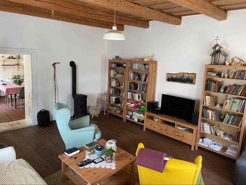 Living room of a family house with wooden bookshelves and a fireplace stove.