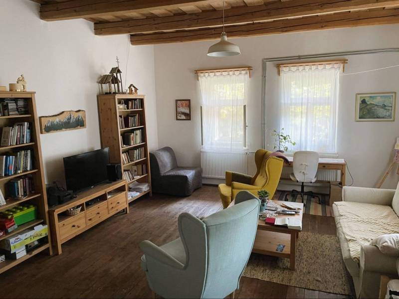 Living room in a family house with a library and a wooden ceiling, furnished with comfortable furniture.