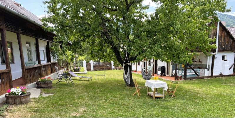 The garden of a family house in Pányok with a large tree, rocking chairs, and tables.