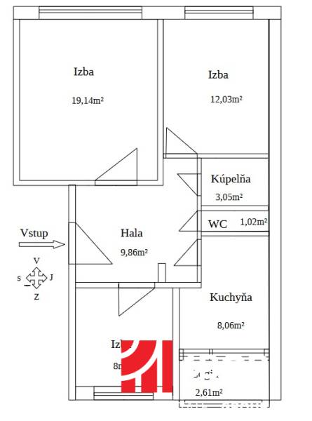 Floor plan of a 3-room apartment with a hallway, kitchen, bathroom, and toilet.