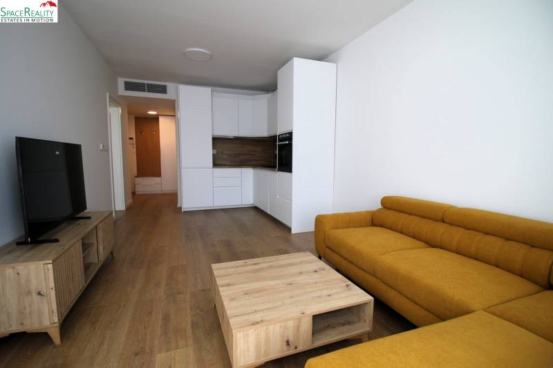Living room with a kitchen, wooden floor, yellow sofa, and television in a two-room apartment.