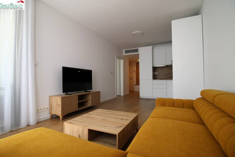 Living room of a two-room apartment, wooden furniture, yellow sofa, television, kitchen unit in the background.