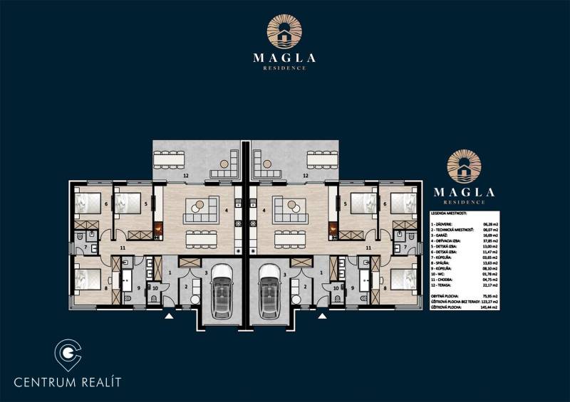 Floor plan of a semi-detached house with garages and terraces in a family home. Magla Residence project.
