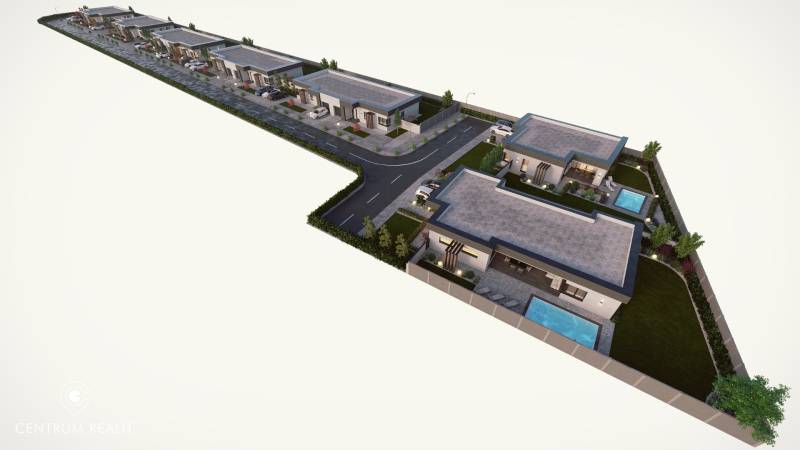Visualization of family houses on Vrakúň Street in Dunajská Streda with gardens and swimming pools.