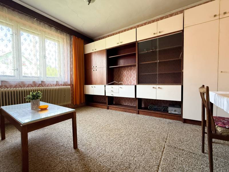 Living room in a family house with retro furniture, a carpet, and a large window.