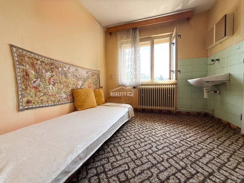 A room with a couch, carpet, window, and sink in a family house.