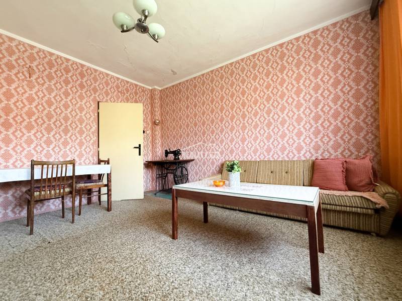 In the living room of a family house with pink wallpaper, an old sewing machine, and furniture.