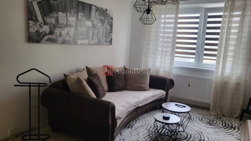 A comfortable couch with cushions and a painting in a studio apartment, next to coffee tables.
