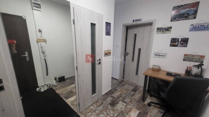 A hallway with light-colored doors, a writing desk, and decorations in a studio apartment.