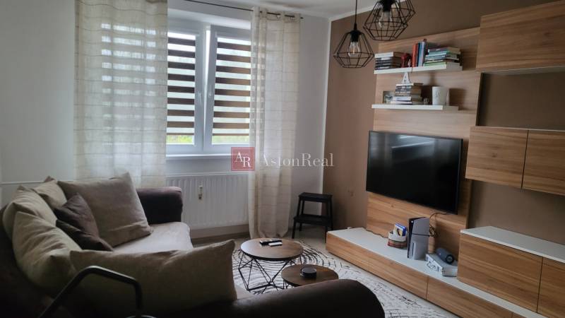 Living room in a studio apartment with a comfortable sofa, television, and wooden furniture.