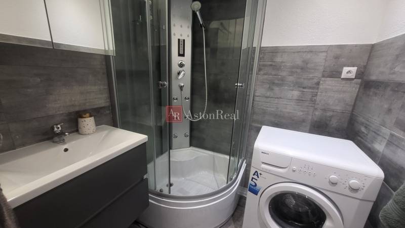 Bathroom with a sink, shower, and washing machine in a studio apartment.