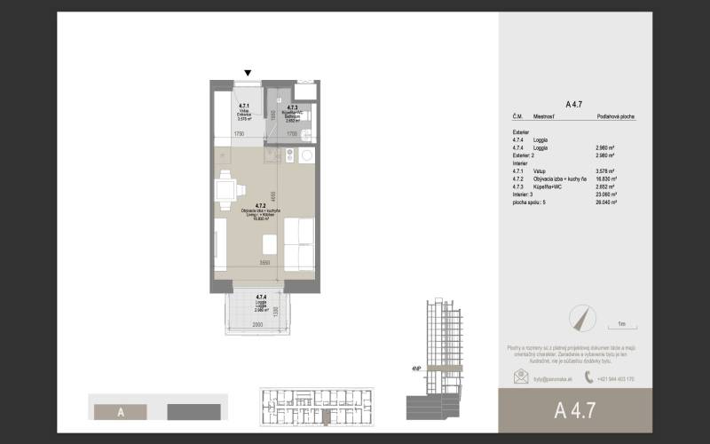 Floor plan of a 1-room apartment with a kitchen, bathroom, and loggia on Panónska Street.