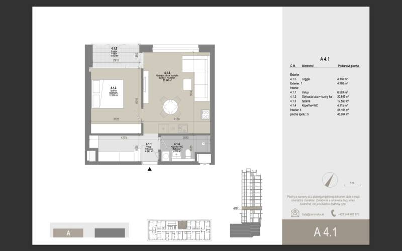 Floor plan of a 2-room apartment with a loggia, living room, and kitchen on Panónska Street.