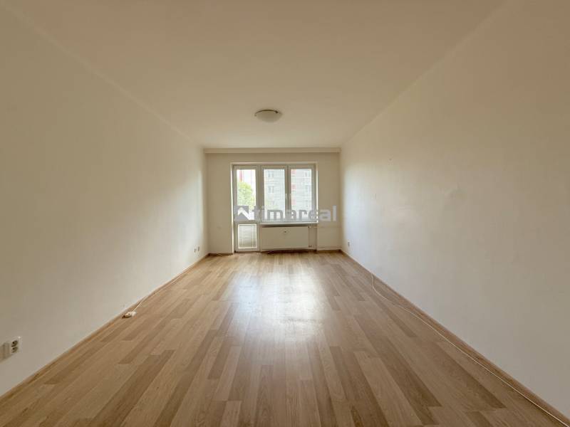 Spacious room with wooden flooring and a large window in a 2-room apartment.