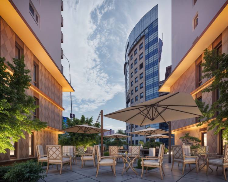 Construction of apartments on Panónska Road in Bratislava - Petržalka with a sunny terrace and garden furniture.